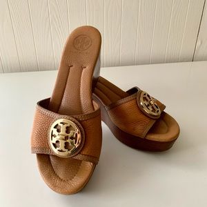Tory Burch Platform Leather Wedge Sandals Slides Selma Tan Sz 8